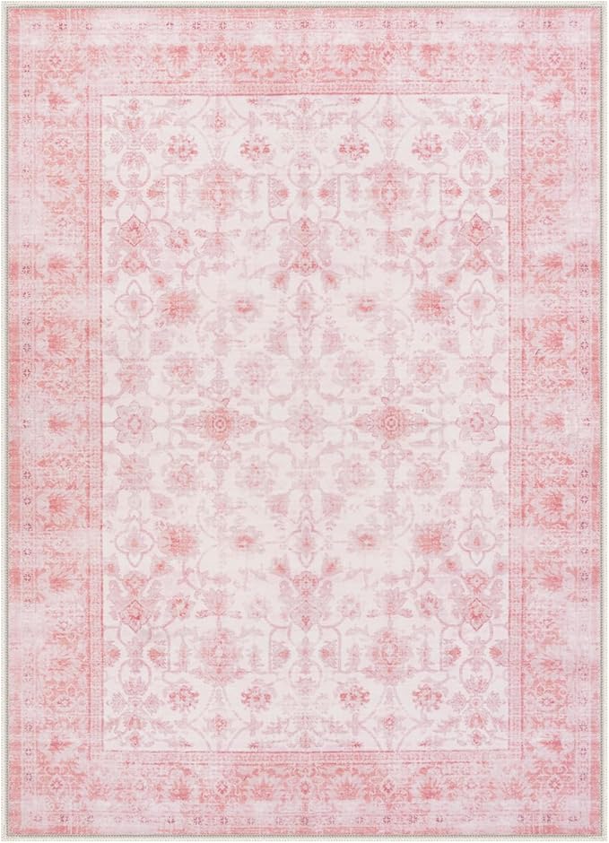 LIVEBOX Pink Area Rug 5x7, Vintage Living Room Rug Machine Washable Area Rugs, Pink Rugs for Bedroom Girls, Indoor Carpet for Dining Room Nursery Dorm Home Decor