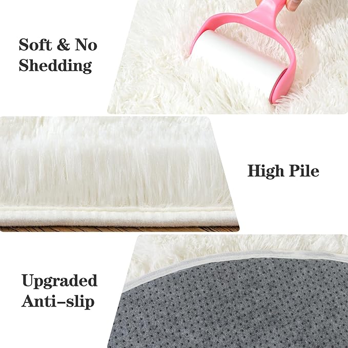 Soft Fluffy Rugs for Bedroom, Cream White Fuzzy Shaggy Oval Bedside Area Rug Set of 2, Non-Slip Cozy Plush Shag Carpet for Kids Room Nursery Dorm Living Room, 2.6 x 5.3 Feet