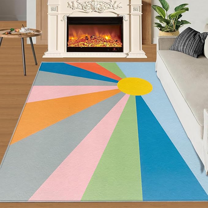 Boho Sun Area Rugs 3x5ft, Abstraction Deco Boys Rugs for Bedroom, Minimalist Sunburst Kids Room Rug Soft Fuzzy Washable for Living Room Game Room Coffee Table