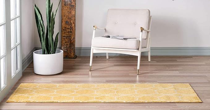 Unique Loom Trellis Frieze Collection Area Rug - Geometric (2' x 13' 1" Runner, Yellow/ Ivory)