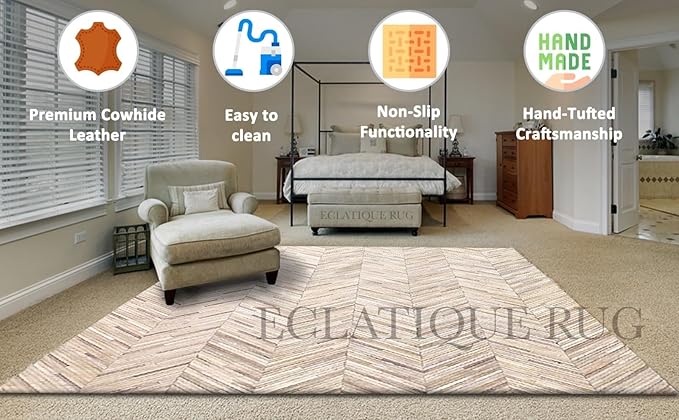 Elegant Rectangular Rug Cowhide Leather Stylish Non Slip Chevron Patchwork Area Rug for Living Room and Home Décor Accent Floor Carpet (Beige-2.5 x 8 ft)