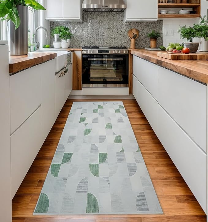 2x6 Runner Rug Washable, Modern Abstract Area Rugs for Hallways Kitchen Bathroom Bedroom Entryway, Non Slip Carpet Long Mat Indoor, Boho Soft Ultra-Thin Light Green
