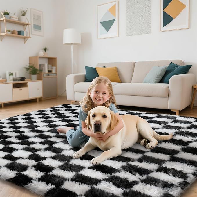 Checkered Rug for Living Room, 8x10 Black and White Area Rugs, Classic Checkered Carpets Shaggy Area Rug, Bedside Rugs for Living Room Bedroom Kids Room Home Decor