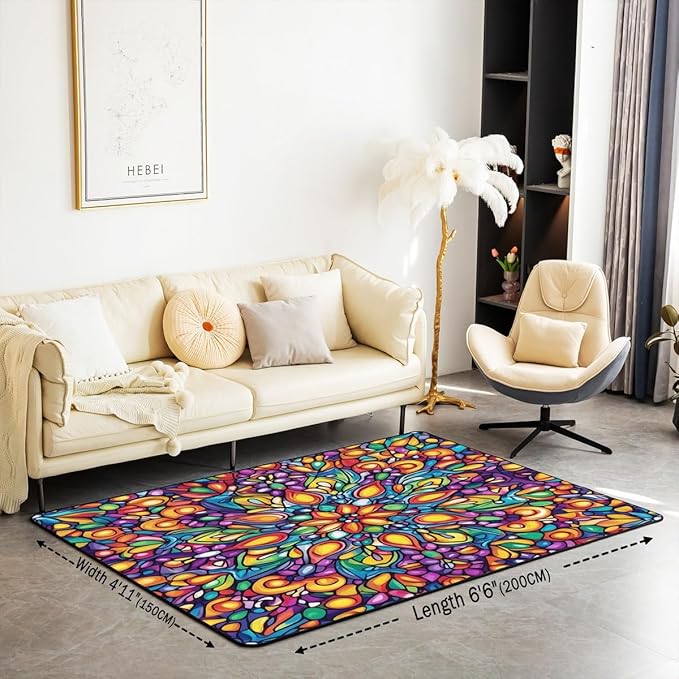 Vintage Mandala Large Area Rug 5x7 Bohemian Style Watercolor Flowers Living Room Rug | Boho Floral Rugs for Bedroom, Victorian Decor Antique Damask Carpet Indoor Floor Mat