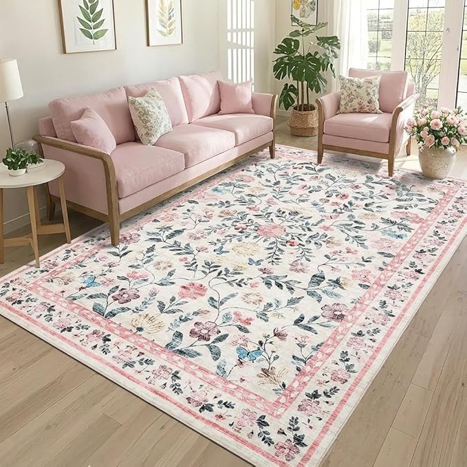 GarveeHome Large Washable Area Rug 10 x 13 for Living Room, Non-Slip Soft Vintage Rug, Low Pile Farmhouse Floral Carpet, Non-Shedding Foldable Printed Rugs for Bedroom, Pink