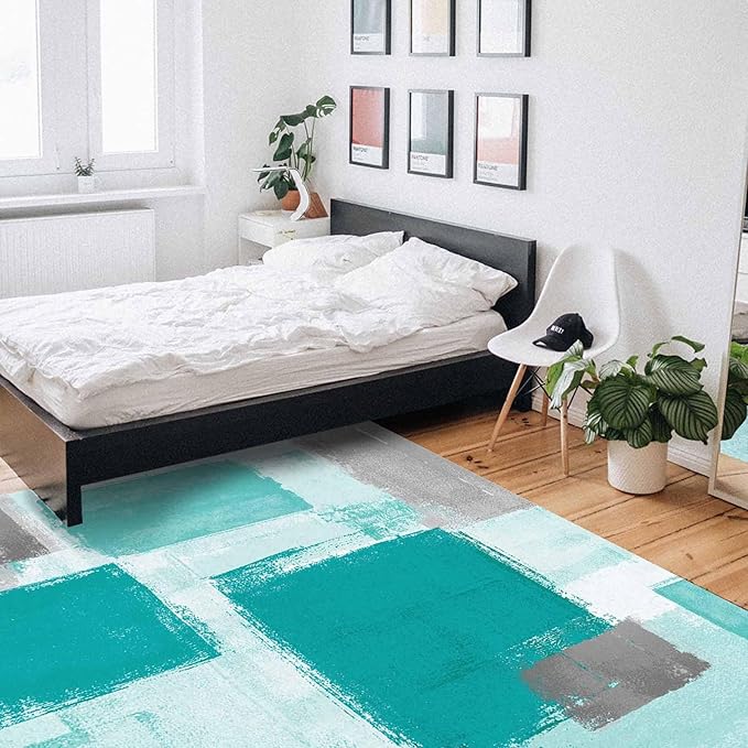 Teal Green Rectangular Area Rugs for Living Room Bedroom 3 x 5 ft Abstract Paint Texture Modern Art Non-Shedding Soft Low Pile Rug Non Slip Washable Rug for Nursery Entryway Playroom