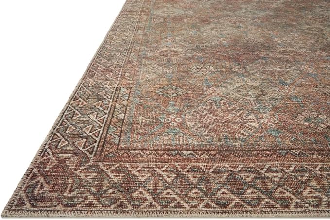 Loloi Amber Lewis Billie Collection, Aqua & Rust 7'-6" x 9'-6" Area Rug – Antique & Distressed Accent Rugs for Living Room, Bedroom, Entryway & Hallway, No Shed High Traffic Area Home Decor Rug