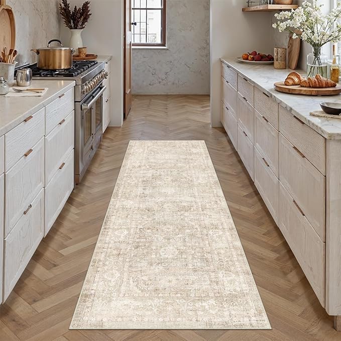 2x5 Beige Washable Runner Rug for Kitchen Hallway Neutral Soft Non Slip Rug Low Pile Vintage Distressed Carpet for Bathroom Bedroom Indoor Nursery