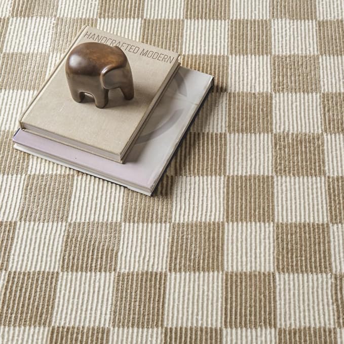 Revival Rugs Gambit 7'10"x10' Checkered Rug Washable Area Rug for Living Room Bedroom - 100% Recycled Oeko-TEX Certified, Medium Pile, Camel, Beige