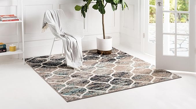 Rugs.com Lattice Frieze Collection Rug – 8' Square Blue Multi Medium Rug Perfect for Living Rooms, Kitchens, Entryways