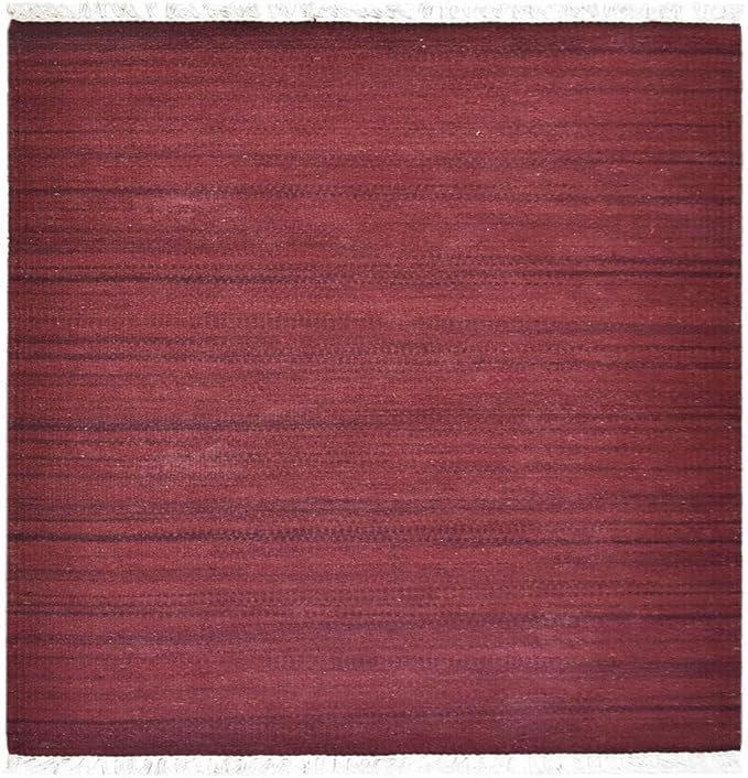 Rugsotic Carpets Hand Woven Flat Weave Kilim Wool ECO-Friendly Area Rugs - 6'x6', Square Shape, Dark Red Color, Solid Plain Design, Low Pile Handmade Area Rugs for Living Room, Bed Room (D00111)