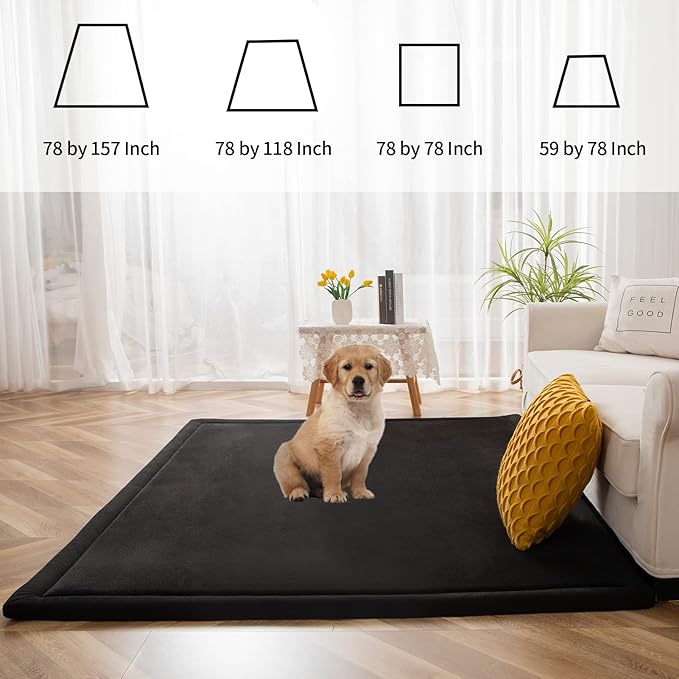 MAXYOYO Black Coral Velvet Area Rug, Thick Japanese Tatami Mat Living Room Carpet with Non-Slip Backing, Large Solid Color Mat for Bedroom Dormitory Yoga, 49 by 49 inch