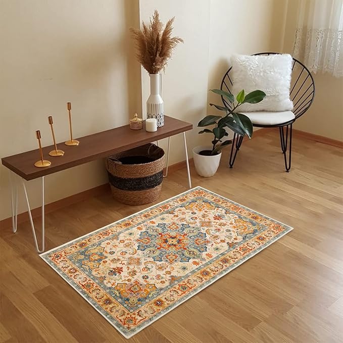 COMSLE Boho Area Rug, 2 x 3 Ft Washable Small Rugs for Entryway Faux Wool Distressed Non-Slip Floor Carpet Indoor Door Mat for Bedroom Kitchen Living Room