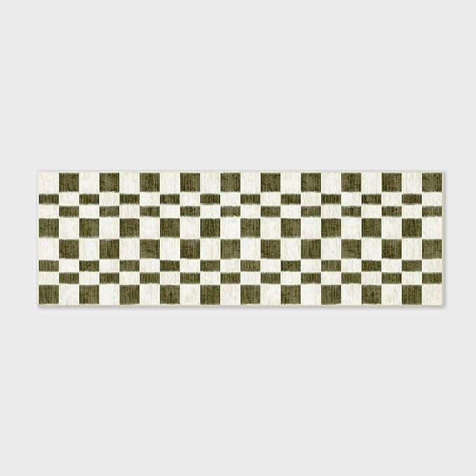 EVERGRACE Checkered Plaid Area Rug 2x6, Soft Christmas Faux Wool Rugs Washable Anti Slip Rugs Long Runner Carpet for Entryway Bedroom Living Room Hallway Kitchen and Laundry, Olive Green