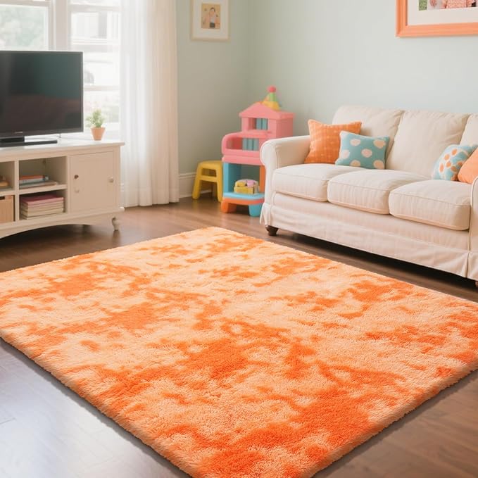 Mottling Orange Fluffy Rug Shaggy Area Rug, 4x6 Area Rugs for Girls Bedroom, Soft Cute Baby Play Mat, Indoor Floor Carpet for Teen, Nursery, Preppy Dorm, Plush Aesthetic Bedside Rug