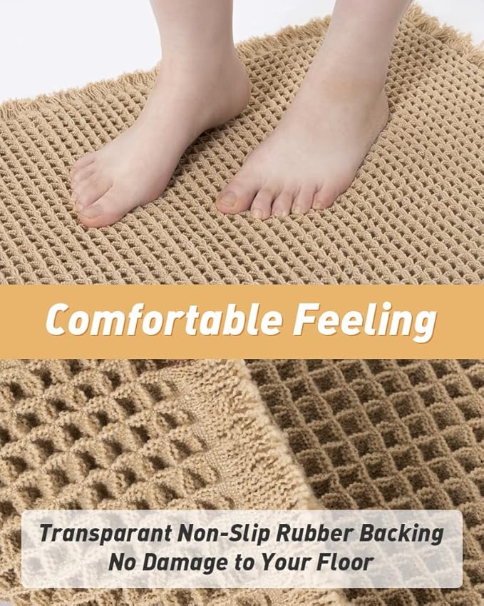 AMOAMI Upgraded Waffle Bath Mat, Super Absorbent Non Slip Bath Mats for Bathroom Floor, Machine Washable Bathroom Rugs with Tassels, Rubber Backed Bathroom Mats, Ultra Soft, 18" x 30", Brown