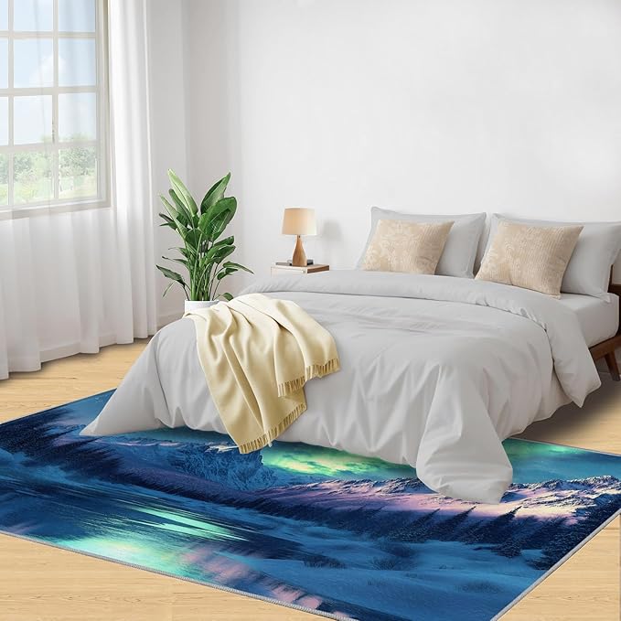 5x7 Snowy Mountains Rugs for Bedroom - Aurora Borealis Print Rug, Polar Landscape Rug Non Slip Soft Rugs for Living Room Hardwood Floors Teen Room