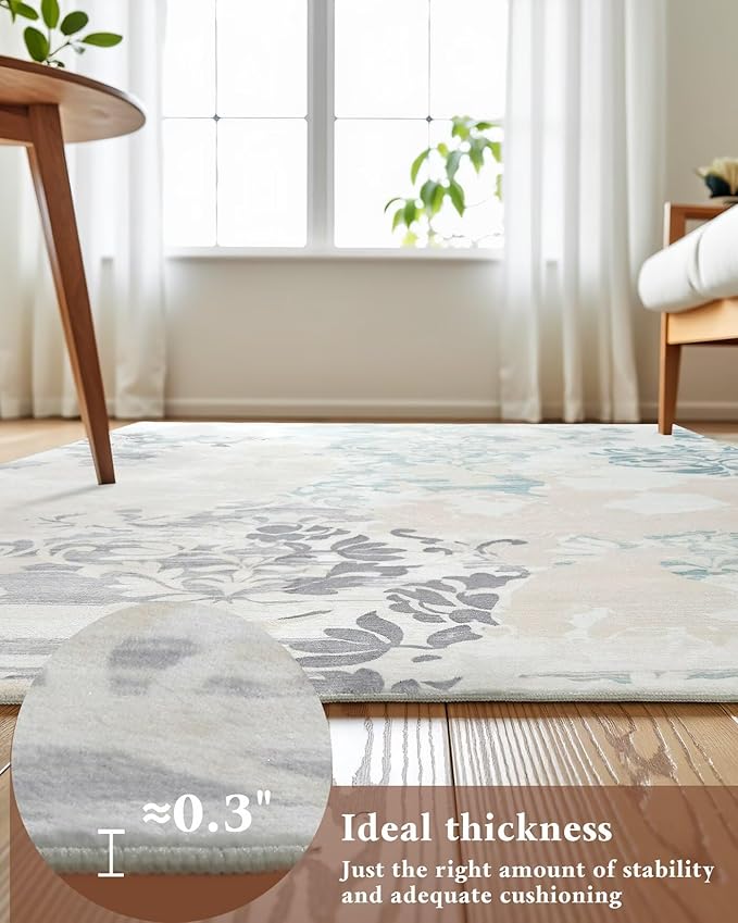 Washable Abstract Rug, 8x10 Ivory and Aqua Floral Area Rugs with Non-Slip Rubber Backed for Living Room, Low Pile Modern Throw Carpet Bedroom Dining Room Decor
