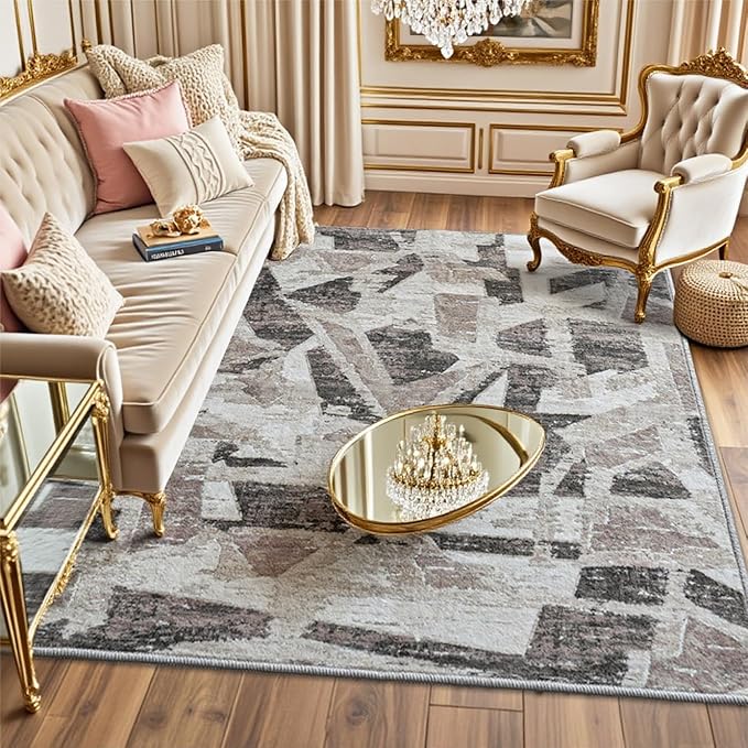 8X10 Area Rugs for Living Room Bedroom,Modern Abstract Large Carpet Washable Rugs 8x10 for Dining Room Office,Non Slip Gray Print Faux Wool Thin 8 by 10 Indoor Nursery Kids Home Pet & Child Friendly