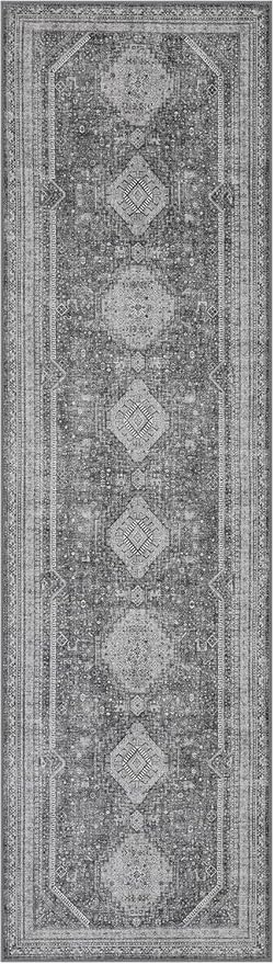 Bavni Runner Rug 2x5 Kitchen Rugs for Hallways Entryway, Washable Vintage Print Carpet, Low Pile Lightweight Rug with Non Slip Backing, Vintage Grey