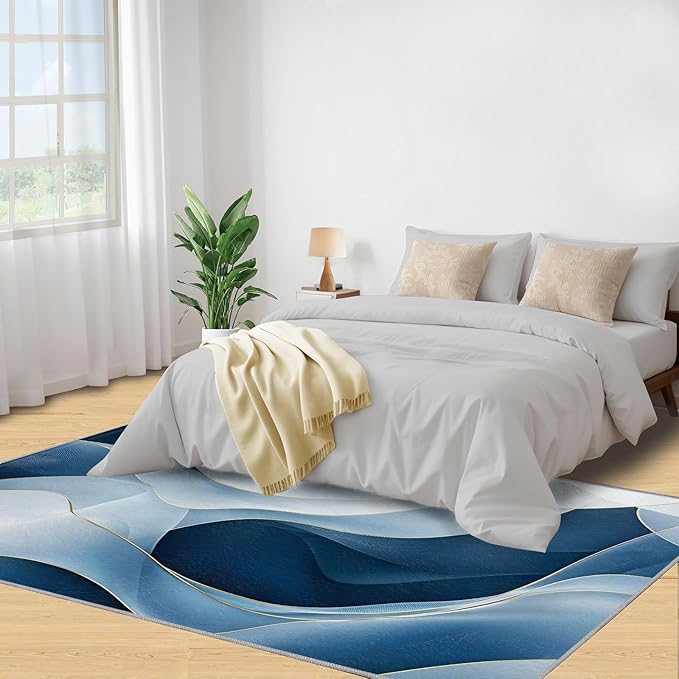 3x4 Abstract Lines Rugs for Entryway - Blue-White-Waves Kids Bedroom Rug, Modern Abstract Mudroom Rug Soft for Coffee Shop Living Room Under Table Game Room