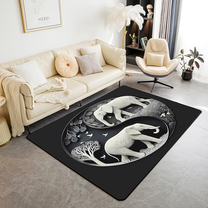 Elephant Large Area Rug 5x7 Bohemian Style Living Room Rug | Antique Decor Yin and Yang Rugs for Bedroom, Western Animals Carpet Indoor Floor Mat,Black Grey Beige