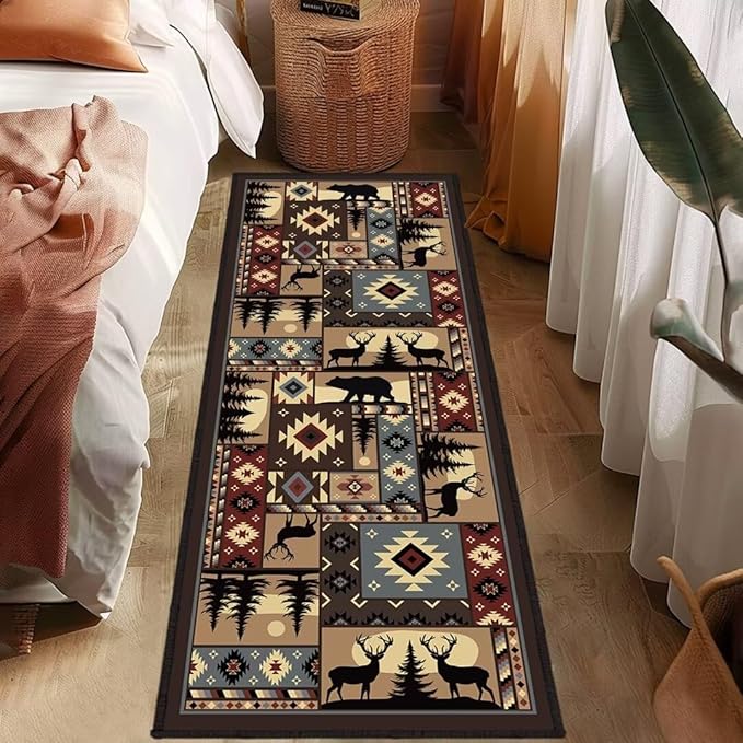 Rustic Cabin Wildlife Long Runner Rug 2x6 Throw Rug,Buffalo Plaid Bear Moose Deer Country,Vintage Area Rug Washable Hallway Rugs Non-Slip Floor Carpet Runner for Bedroom Laundry Room Entrance Door Mat