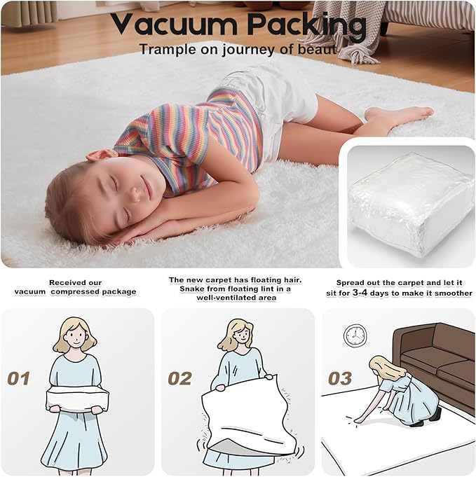 4x6 Cream White Rugs for Bedroom Living Room, Fluffy Small Area Rug Soft Shag Carpet for Kids Boys and Girls Room with 4 Rugs Non-Slip Stickers Dorm Home Decor (4ft x 6ft)