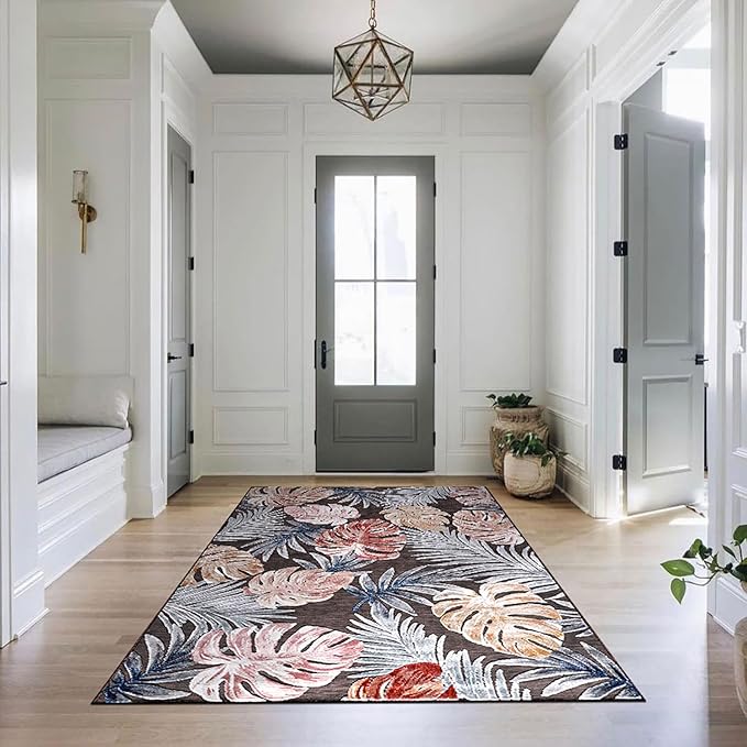 CAMILSON Indoor Outdoor Rug, Brown 5x7 Leaf Tropical Botanical Area Rugs for Indoor and Outdoor patios, Easy-Cleaning Non-Shedding Living Room, Garden and Kitchen Washable Outside Carpet (5 x 7)