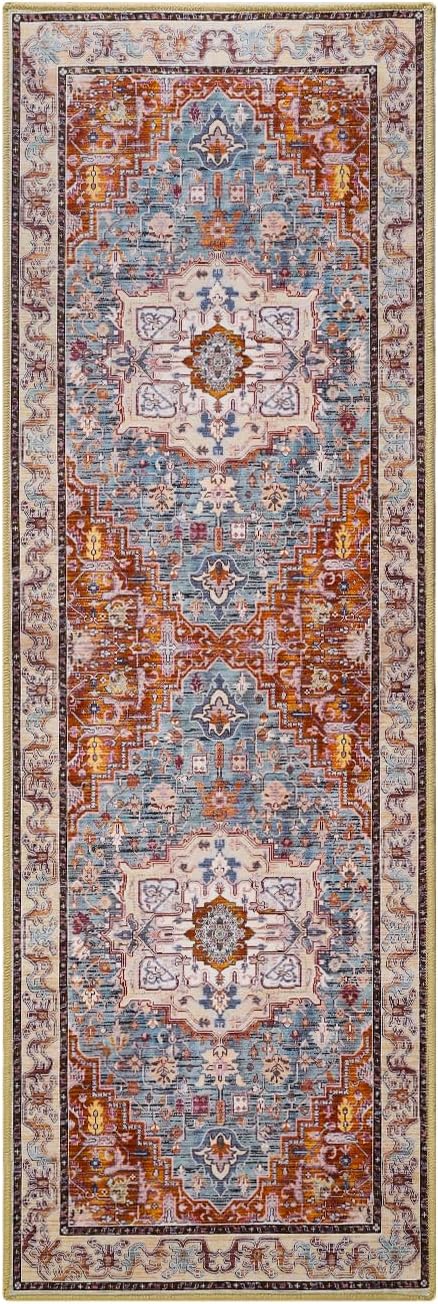 Runner Rug 2×6, Machine Washable Non-Slip Vintage Area Rug, Low Pile, Indoor Carpet Printed Floral Rugs for Living Room, Entryway, Kitchen, Bedroom, Rust Brown