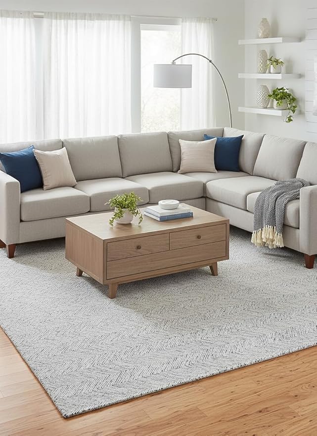 Modern Herringbone Chevron Collection Handcrafted Wool Area Rug - Durable, Zigzag Pattern, for High Traffic, Contemporary Design for Living Room, Bedroom, Dining Room Decor (Denim blue, 10' x 12')