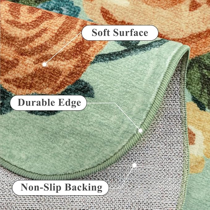 Washable Floral Area Rug 8x10 Green Living Room Large Carpet Bedroom Scalloped Flower Non Slip Soft Throw Rug Farmhouse Low Pile Thin Indoor Floor Cover for Dining Room Office