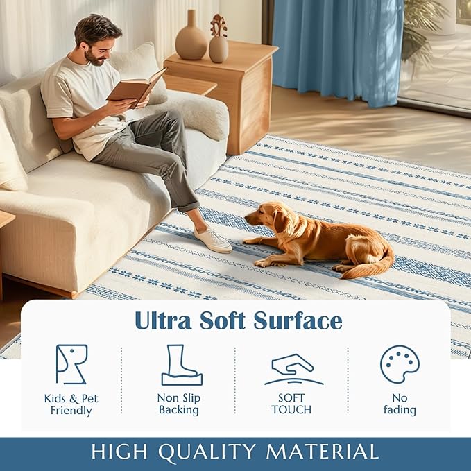 jinchan Moroccan Boho 8x10 Area Rugs for Living Room - Machine Washable Soft Throw Rug Bohemian Ripple Design Non-Slip Carpet for Bedroom Dining Room Home Office (8‘x10', Blue)
