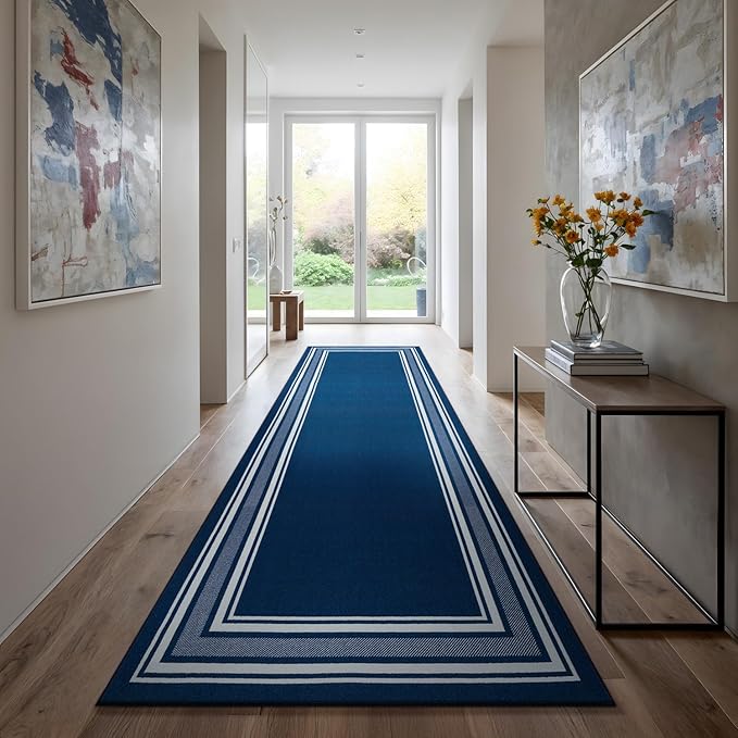 Beverly Rug Non Slip Area Rugs 2x7 Modern Bordered Non Skid Rubber Backing Soft Runner Rug for Living Dining Room Easy to Clean Non Shedding Kitchen Bedroom Indoor Carpet 2 x 7 Navy