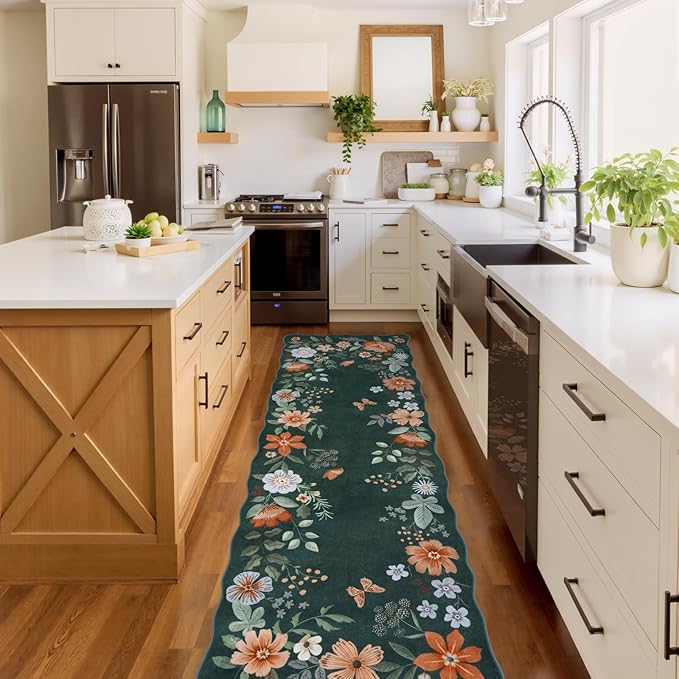 Lahome Floral Washable Runner Rug, 2'6''x8' Soft Hallway Runner Rug Non Slip, Boho Ultra-Thin Kitchen Runners for Hallways Carpet for Laundry Bedroom Bathroom(Dark Green)
