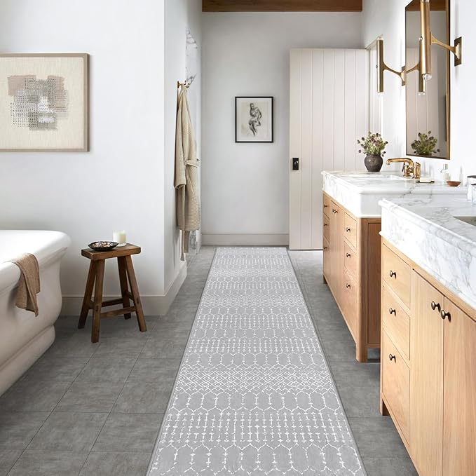 Lahome Moroccan Washable Rug Runner 2x10 Non-Slip Runner Rug for Kitchen Stain Resistant Grey Carpet Runners for Hallway 10 Ft, Modern Geometric Print Soft Floor Carpet for Bathroom Entryway Foyer