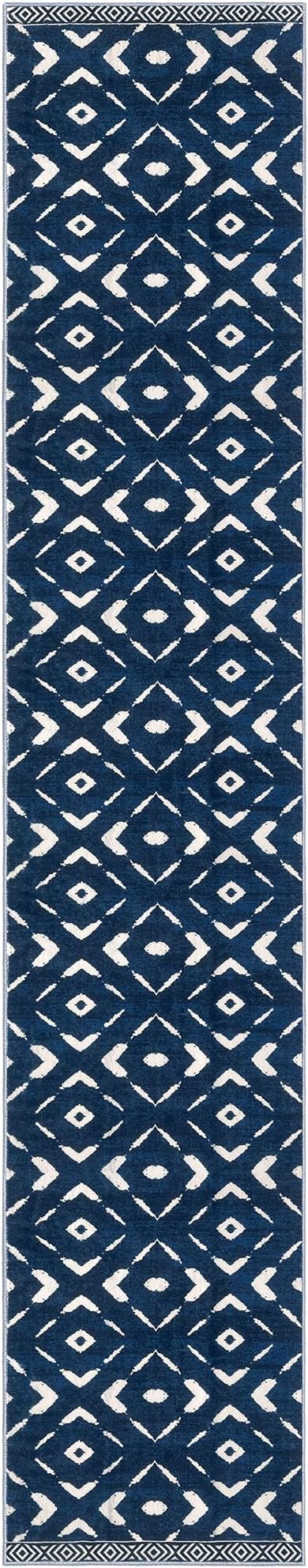 KILOCOCO Hallway Runner Rug 2.6'x16' Runners for Hallways Washable Runner Soft Non Slip Printed Geometric Low-Pile Rugs Runners for Bedroom Kitchen Living Room Boho Rugs, Blue