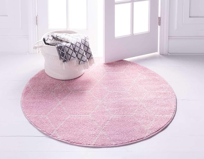 Unique Loom Trellis Frieze Collection Area Rug - Geometric (8' Round, Light Pink/ Ivory)