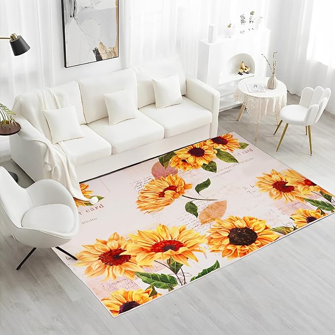 Sunflower Machine Washable Area Rug 4' x 6', Soft Non Slip Botanical Accent Floral Indoor Rugs, Vintage Rugs for Living Room Bedroom Floor Carpet Yoga Mat Home Office