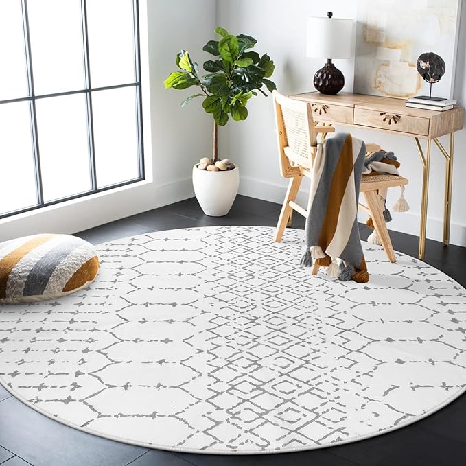 Lahome Moroccan Round Area Rug - 5Ft Machine Washable Soft Round Bedroom Rugs Non-Slip Throw Round Rugs for Living Room, Modern Geometric Print Low-Pile Circle Rugs for Office Dining Room Classroom