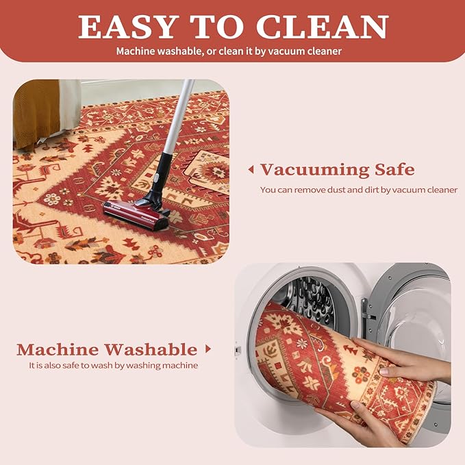 SERISSA Washable Rugs 8x10 Area Rugs, Large Non-Slip Boho Living Room Rug, Ultra Soft Oriental Vintage Red Beige Print Distressed Carpet for Dining Room Bedroom Dorm Office Home Decor
