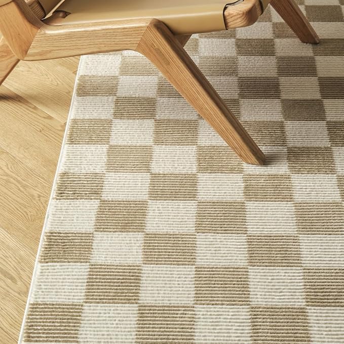 Revival Rugs Gambit 6'7"x9' Checkered Rug Washable Area Rug for Living Room Bedroom - 100% Recycled Oeko-TEX Certified, Medium Pile, Camel, Beige