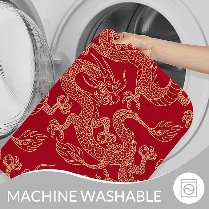 Dragon Bath Mat for Bathroom Traditional Flying Mascot Animal Chinese Dragons Red Bath Rugs Door Mat Non Slip Rubber Backed Bathroom Floor Mat for Bathtub Sink Shower 16"X24"