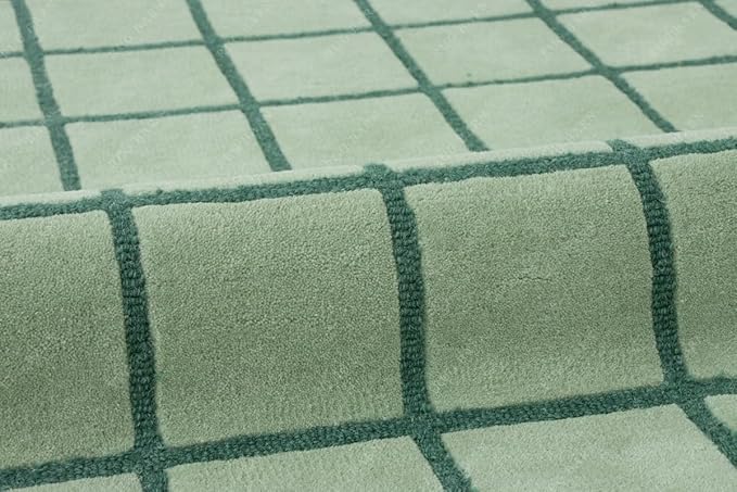 Mint Green Scalloped Edge Wool Area Rug with Checker Grid Design, Hand-Tufted Soft Carpet for Living Room, Bedroom, Nursery, Kids & Playroom Décor - 7x7 Ft (Square)