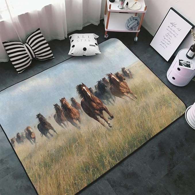 Horses Gallop Across The Grassland Area Rug Washable Outdoor Rugs Anti-Slip Soft Carpet Entryway Indoor Door Mat for Bedroom,Living Room,Porch,Terrace and Entrance Decor 2'x 1'
