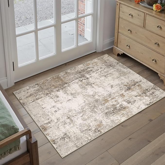 2x3 Washable Area Rug Brown Grey Abstract Entryway Kitchen Throw Rug Neutral Modern Non Slip Soft Low Pile Small Carpet for Bathroom Living Room Bedroom