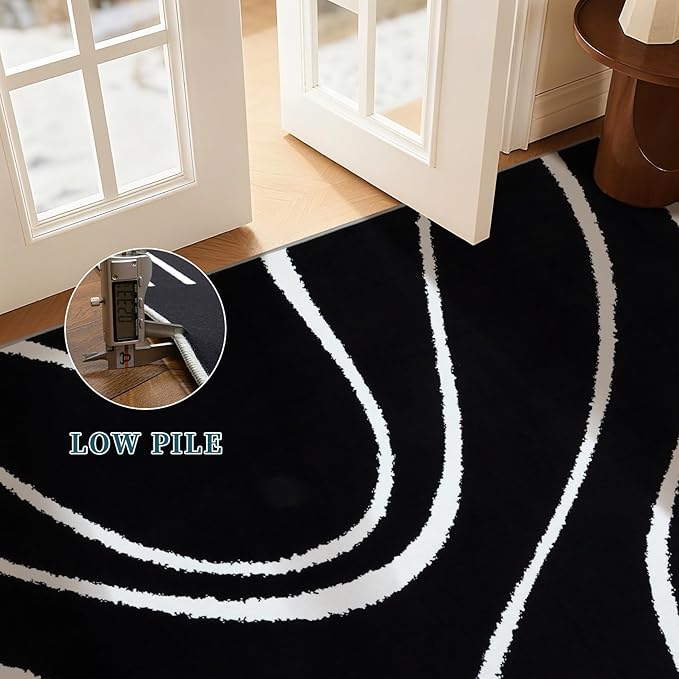 YIHOUSE Abstract Washable Rug 6x9,Ultra Thin Non Slip Black Rugs for Living Room,Modern Minimalist White Stripe Rugs for Bedroom,Dining Room Office Playroom (6'x9',Black-2)