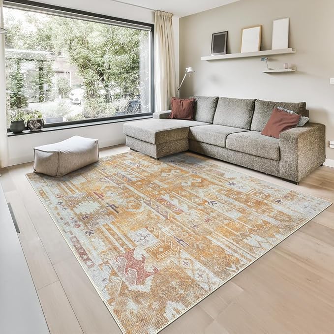 GLN Rugs Traditional Collection - Machine Washable Area Rug, Traditional Washable, Non Slip, Low Pile Chenille Rug, Living Room, Bedroom, Kitchen Rug (6' x 9' Sand/Light Gray)