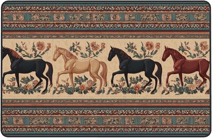 Horse Western Boho Ethnic Style Area Rug Washable Outdoor Rugs Anti-Slip Soft Carpet Entryway Indoor Door Mat for Bedroom,Living Room,Porch,Terrace and Entrance Decor 9'x 6'