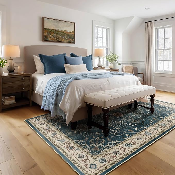Vintage Blue Area Rugs 5x8, Non Slip Washable Rug for Living Room Bedroom, Dark Medallion Distressed Printed Low Pile Thin Carpet Rugs for Dining Room/Kitchen/Home Office, Deep Blue/Multi